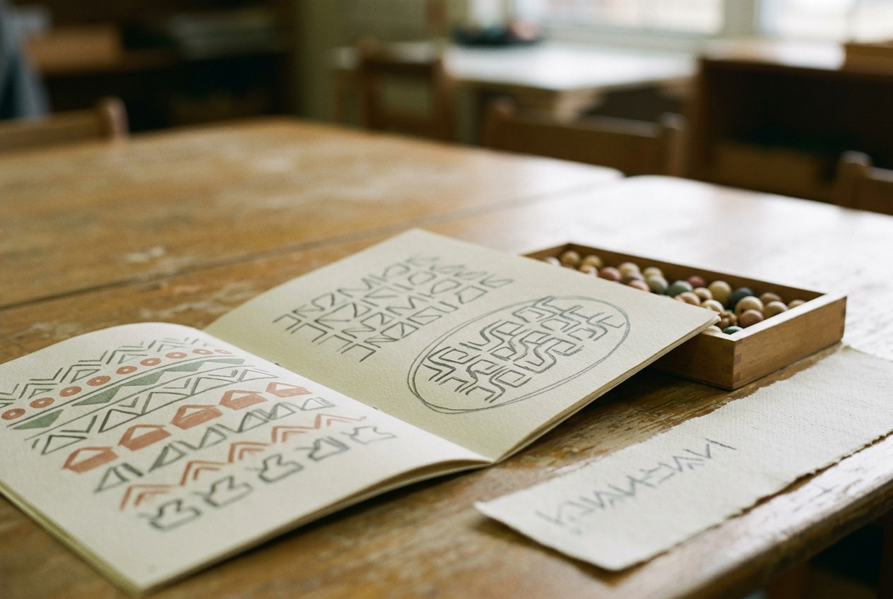 A printed beadwork handout beside a bead tray, with one generated pattern circled in pencil.
