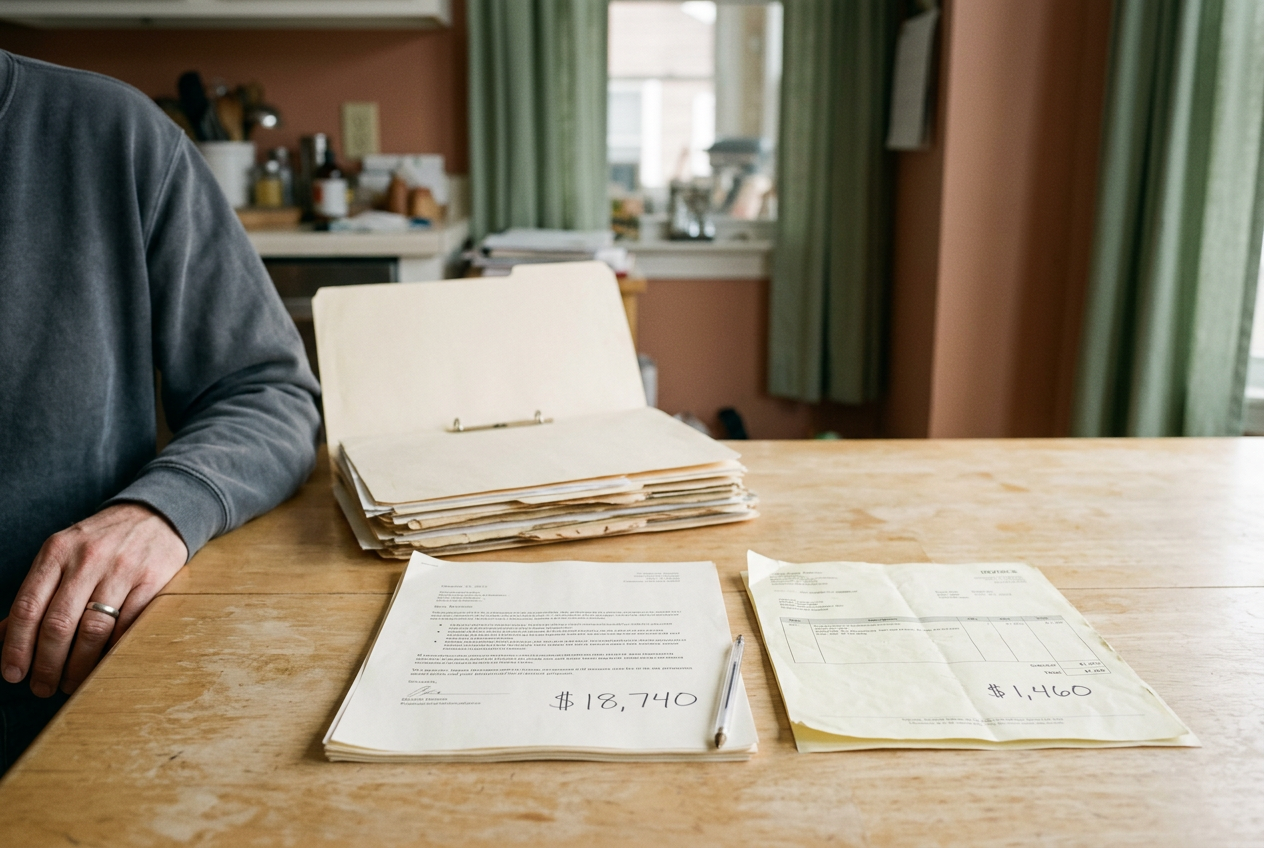 A roof proposal showing an $18,740 total beside a $1,460 repair invoice on a kitchen table.